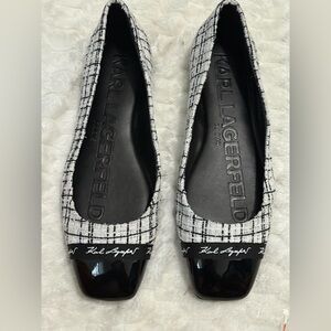 Karl lagerfeld Zofia Cap Toe Tweed Flats in a black and white size:7M